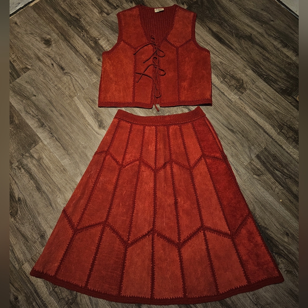 Vintage 70s Red Hippie Festival Patchwork Skirt Vest Set size 29 waist
